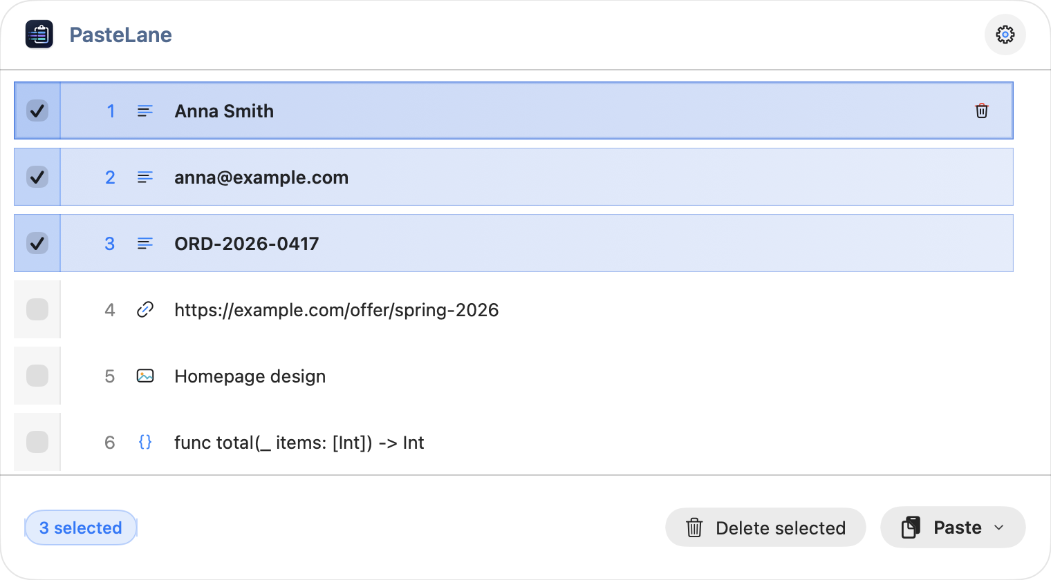 The PasteLane panel with sample items — Basic